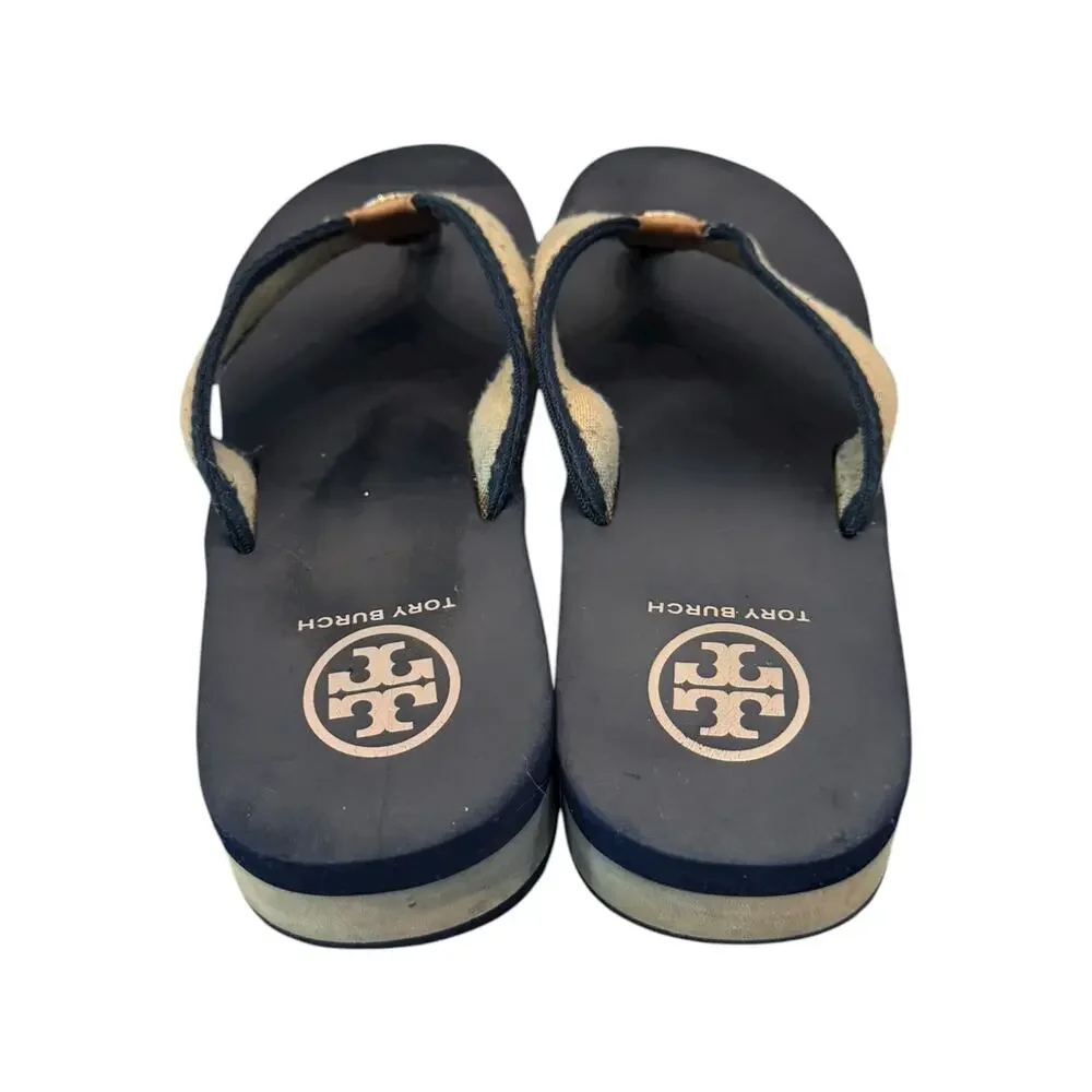 Tory Burch Frankie Wedge Flip Flop Sandals Navy Tan Women’s Sz 8